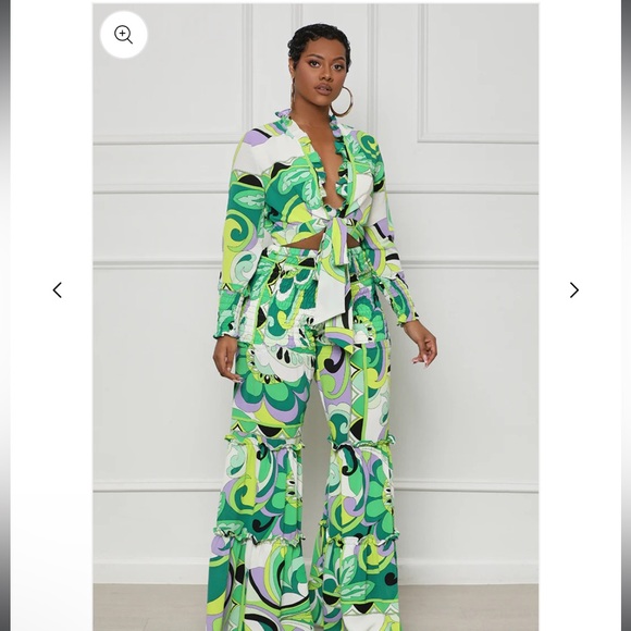 Lilys Kloset Vibrant Ruffles Wide Leg Pants Set (Green Multi) - Picture 2 of 6